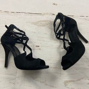 schutz black suede buckled peep toe stiletto heel shoe womens 7.5